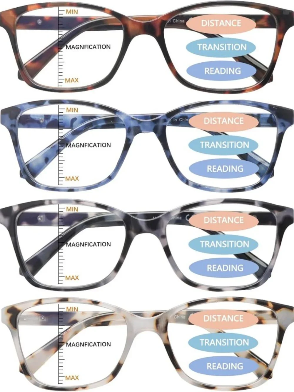 4 Pack Multifocus Reading Glasses for Men & Women, Blue Light Blocking, Spring